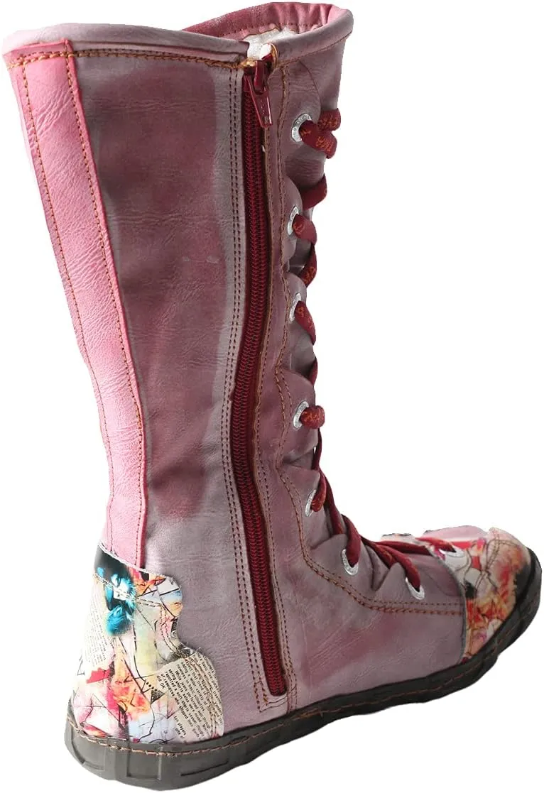 TMA EYES Long Washed Contrast-Stitch Lace Eyes Side Zipper Women's Boots
