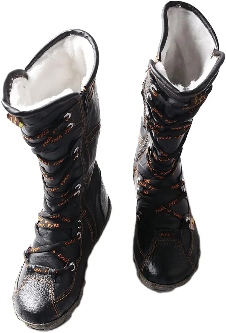 TMA EYES Women’s Snow Boots Calf Boots for Ladies with Faux Fur lining Lace up and side Zipper
