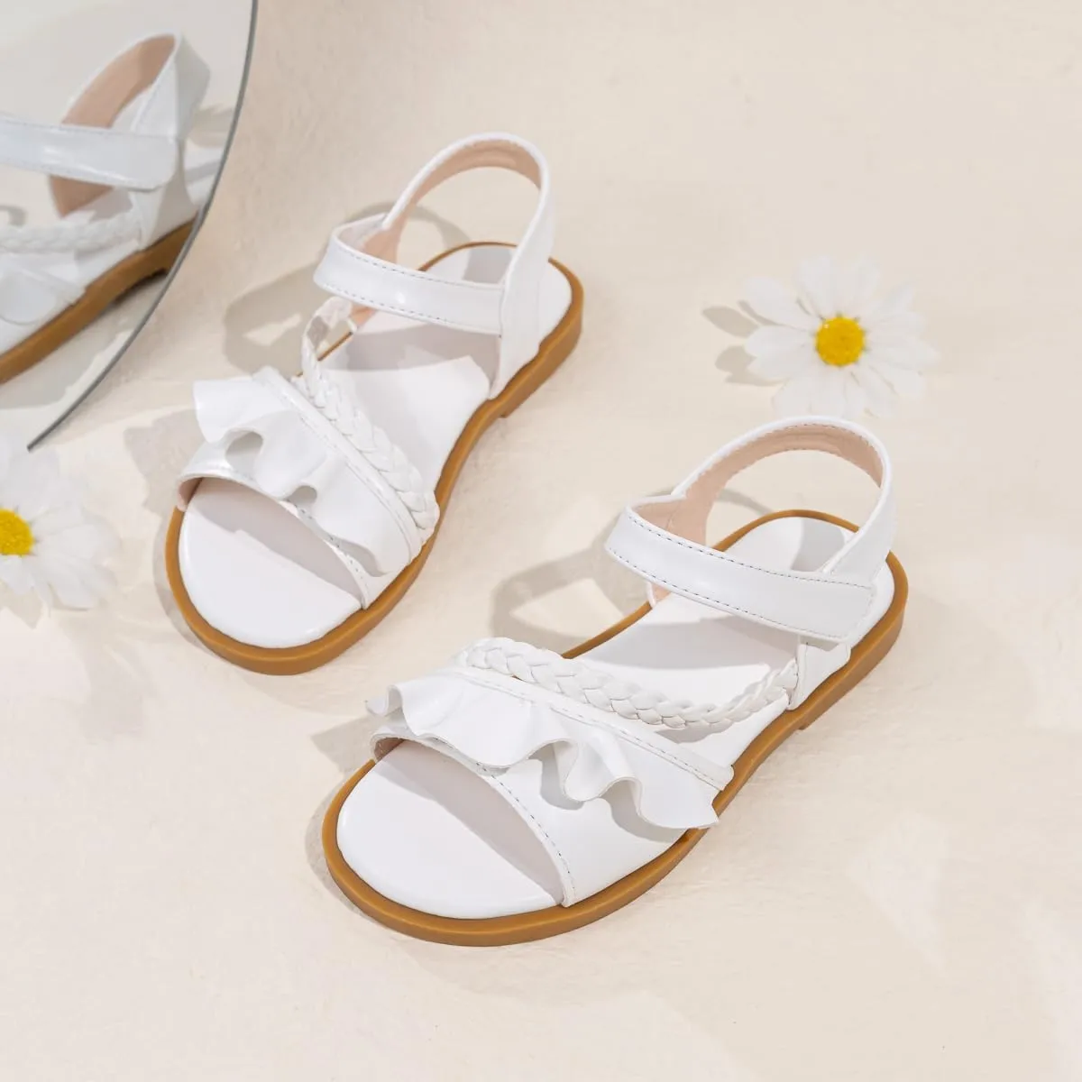 Toddler Girl Sandals Flower Summer Dress Shoes for Girl White Casual Flat Shoes for Toddler Girls, Comfortable, Non-slip Sole