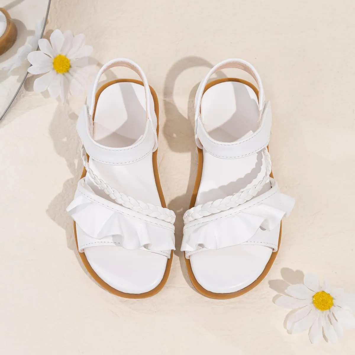 Toddler Girl Sandals Flower Summer Dress Shoes for Girl White Casual Flat Shoes for Toddler Girls, Comfortable, Non-slip Sole