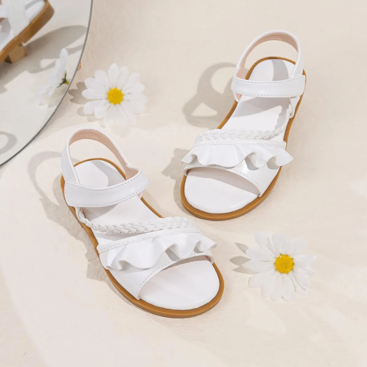 Toddler Girl Sandals Flower Summer Dress Shoes for Girl White Casual Flat Shoes for Toddler Girls, Comfortable, Non-slip Sole
