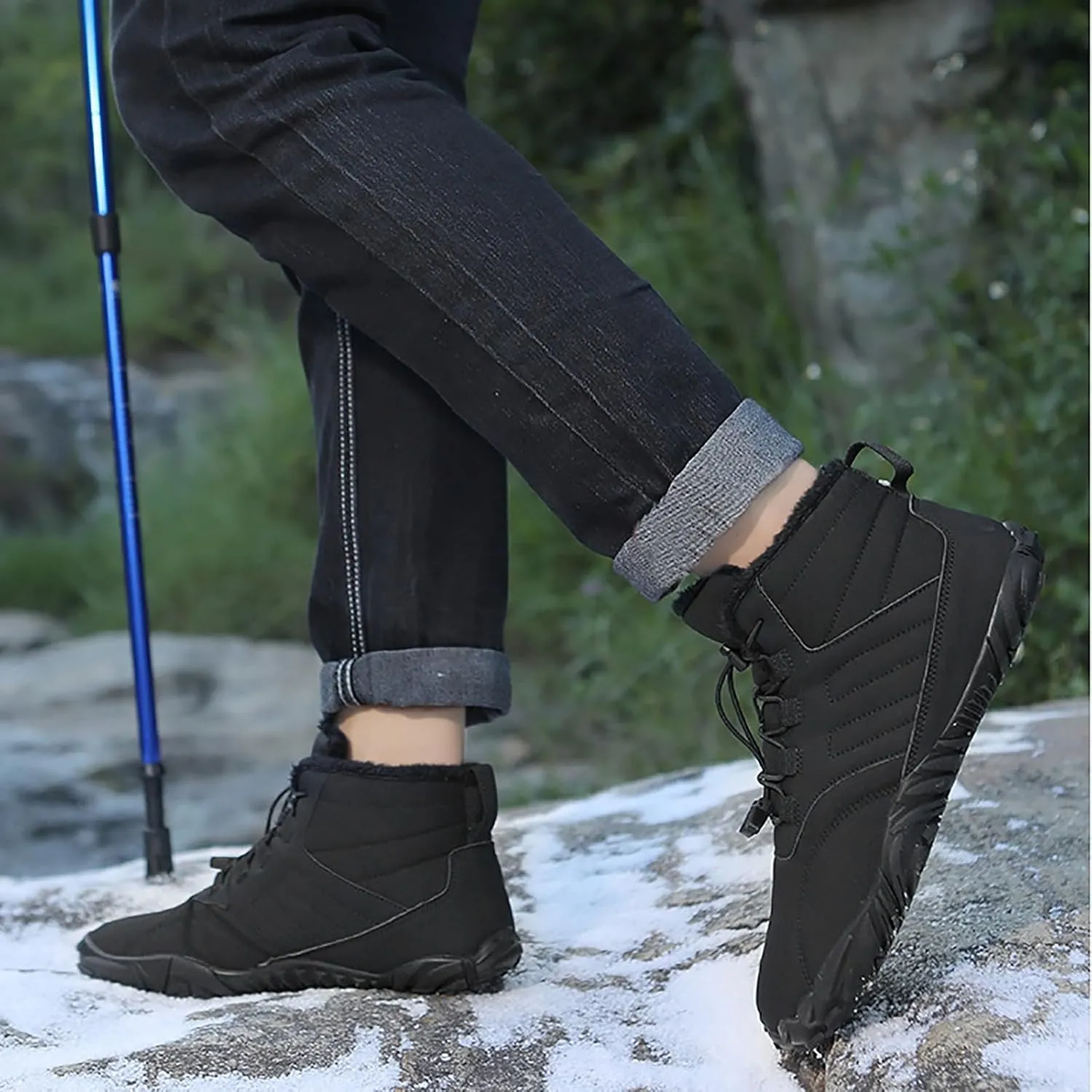 Tongzone Men's Wide Toe Box Barefoot Shoes Fur Lined Minimalist Zero Drop Sole Walking shoes Winter