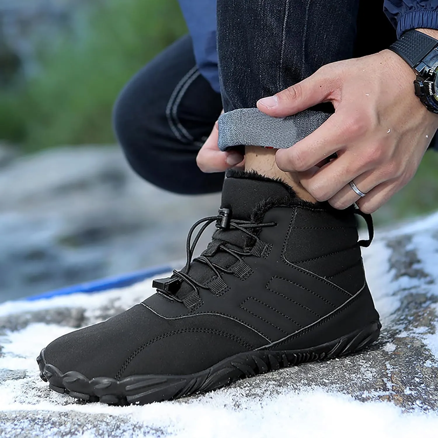 Tongzone Men's Wide Toe Box Barefoot Shoes Fur Lined Minimalist Zero Drop Sole Walking shoes Winter