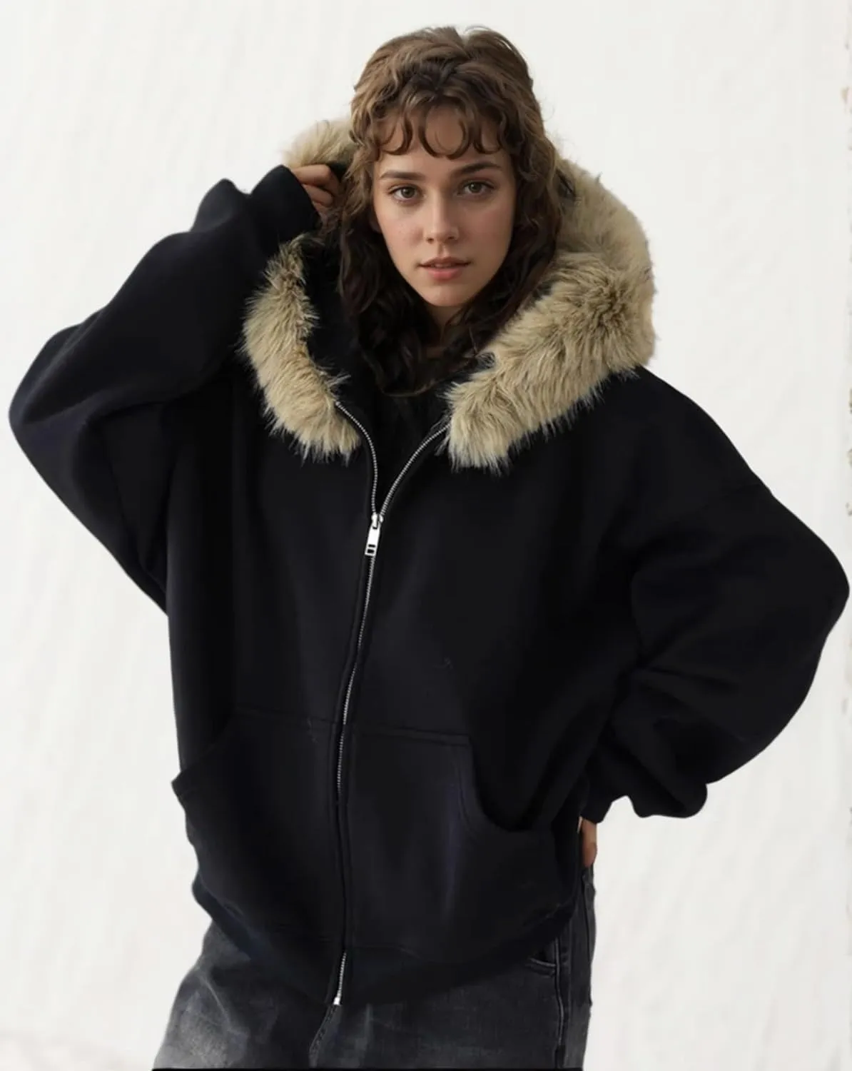 Unisex Zip Up Hoodie Men Fur Hood Jacket Grunge 2000s Lightweight Vintage Cropped Sweatshirt Y2k Streetwear