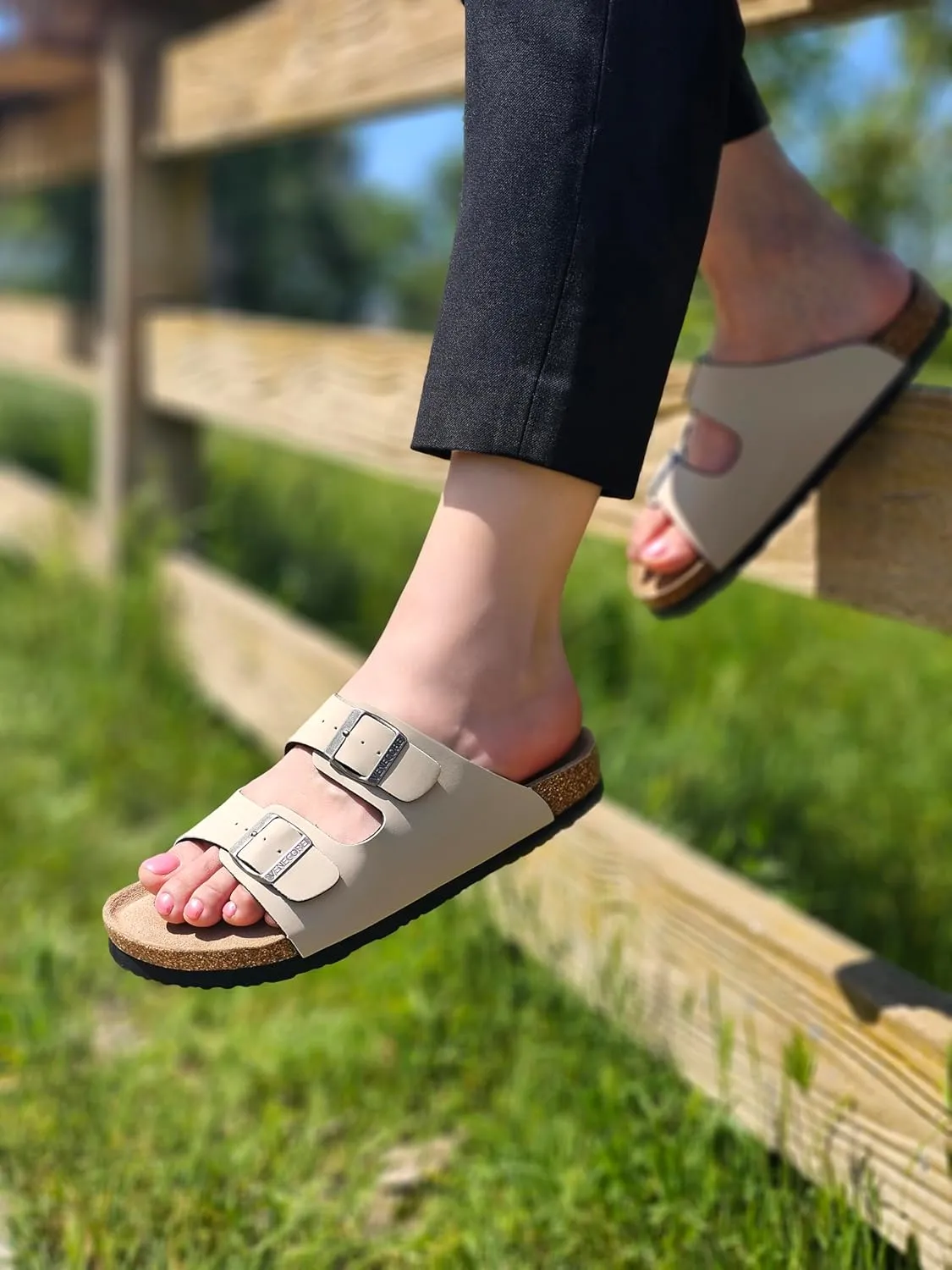 Verano Cork Sandals for Women – Cork Double Strap Sandals Women’s Summer Shoes – Comfortable Slide Sandals