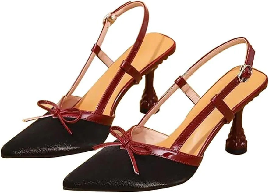 Vertundy Slingback Kitten Heels for Women Satin Bow Pointed Toe Low Heel Work Dress Heeled Sandals