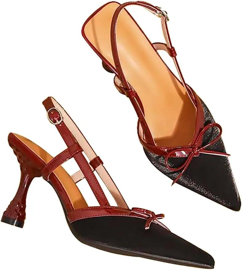 Vertundy Slingback Kitten Heels for Women Satin Bow Pointed Toe Low Heel Work Dress Heeled Sandals