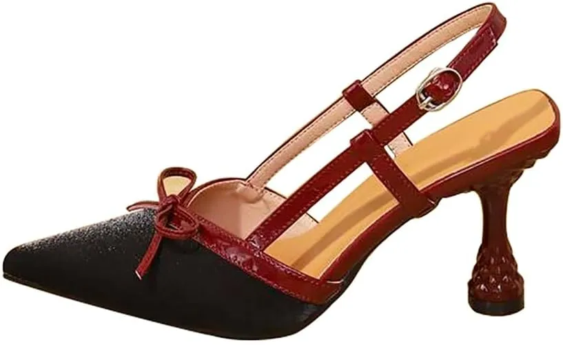 Vertundy Slingback Kitten Heels for Women Satin Bow Pointed Toe Low Heel Work Dress Heeled Sandals