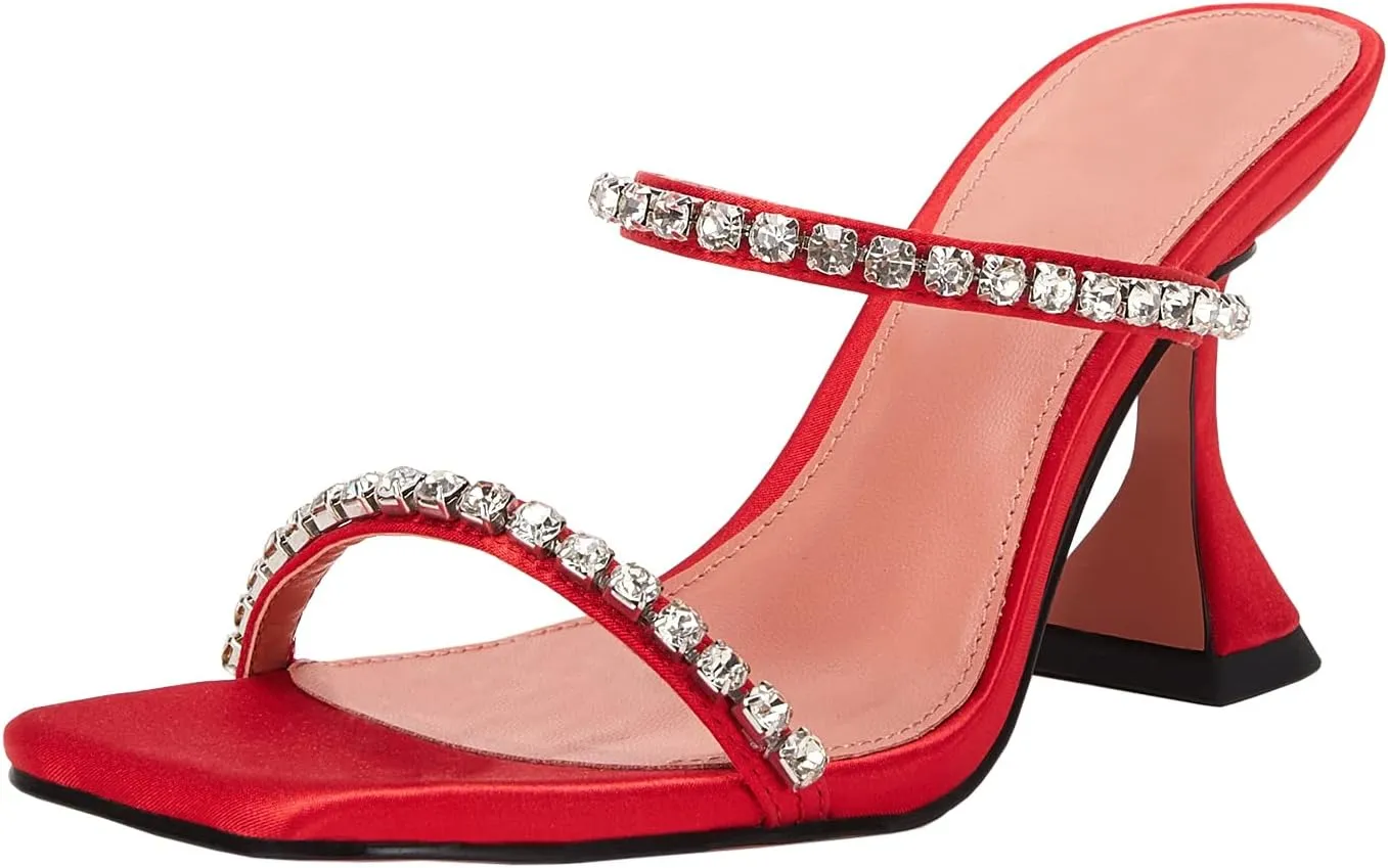 VETASTE Heeled Sandals for Women Square Toe Two Strap Party Wedding Satin Heels