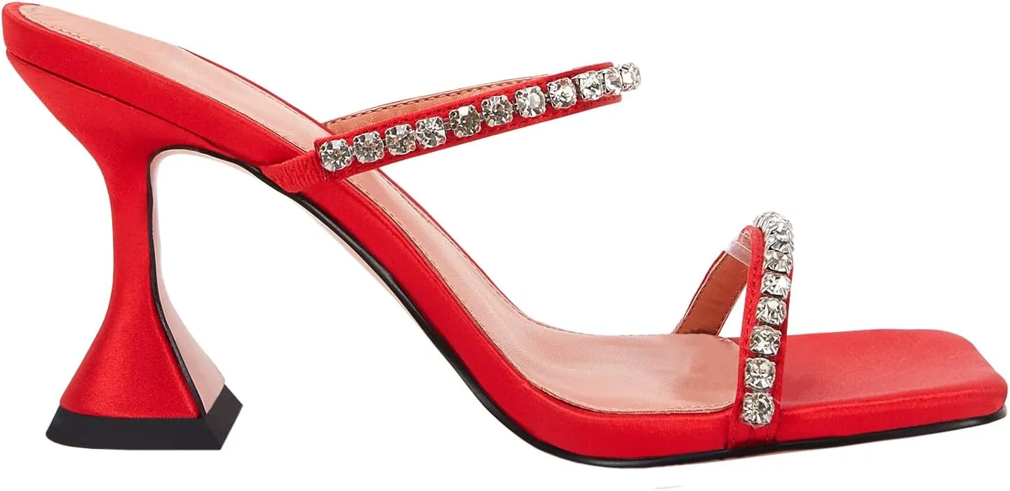 VETASTE Heeled Sandals for Women Square Toe Two Strap Party Wedding Satin Heels