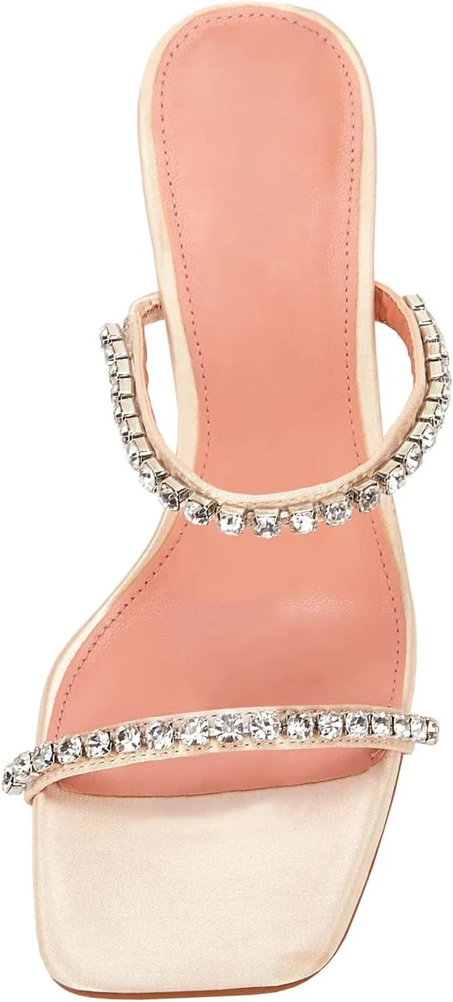 VETASTE Heeled Sandals for Women Square Toe Two Strap Party Wedding Satin Heels