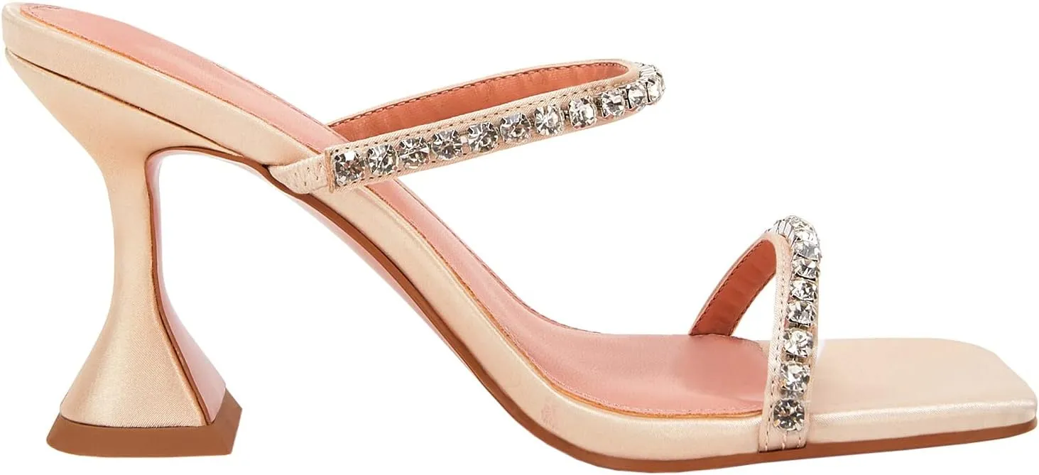 VETASTE Heeled Sandals for Women Square Toe Two Strap Party Wedding Satin Heels