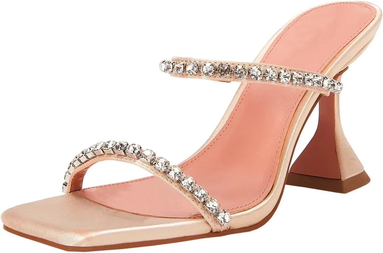 VETASTE Heeled Sandals for Women Square Toe Two Strap Party Wedding Satin Heels