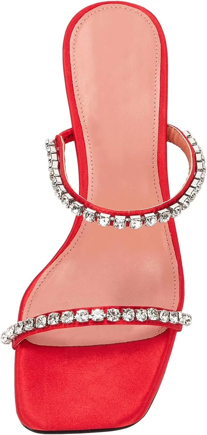 VETASTE Heeled Sandals for Women Square Toe Two Strap Party Wedding Satin Heels
