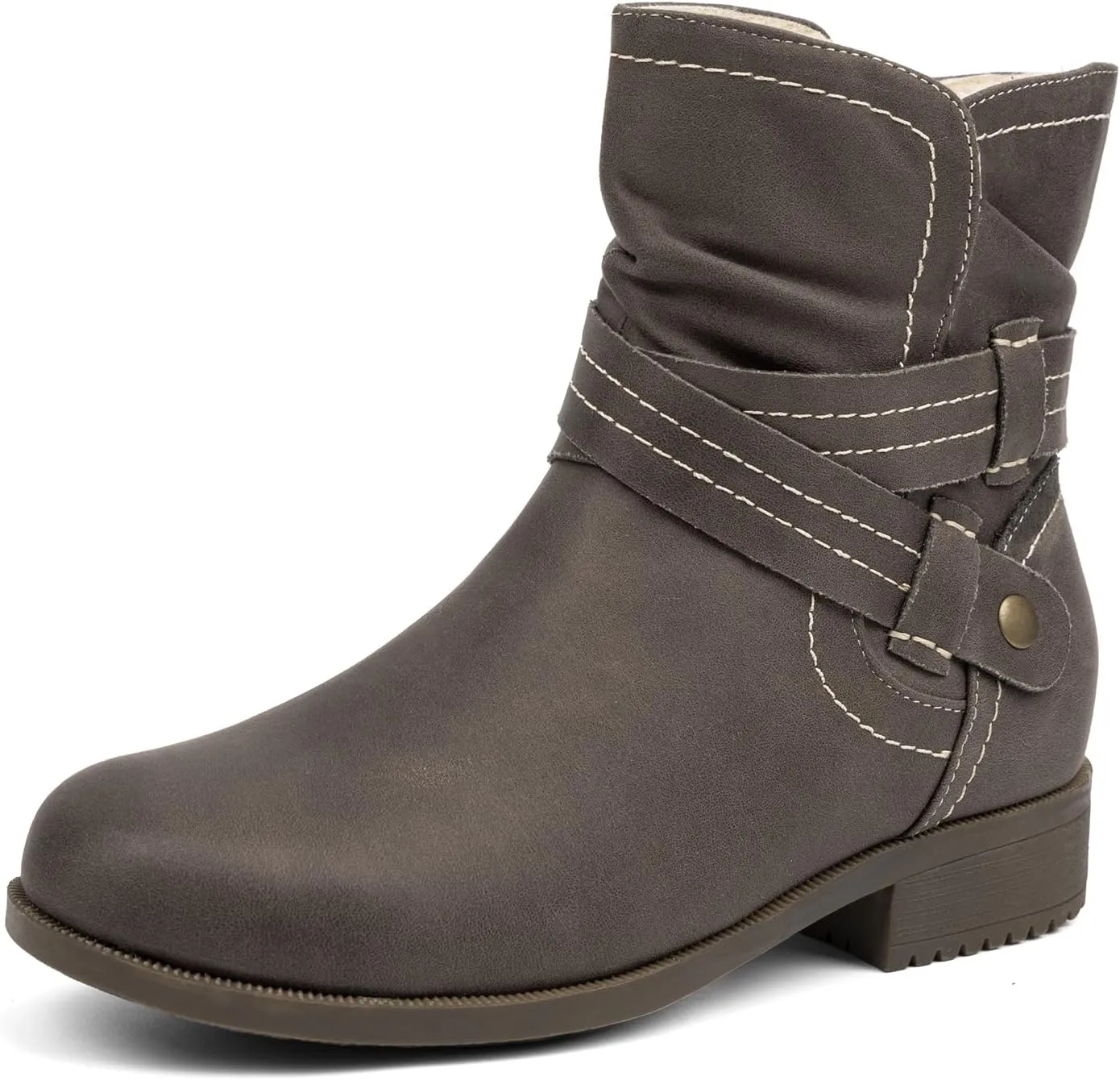VJH confort Women's Mid Calf Boots, Fur Lined Round Toe Low heel Cross Straps Slouchy Booties with Zipper