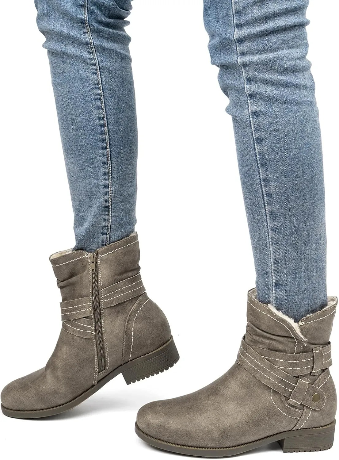 VJH confort Women's Mid Calf Boots, Fur Lined Round Toe Low heel Cross Straps Slouchy Booties with Zipper