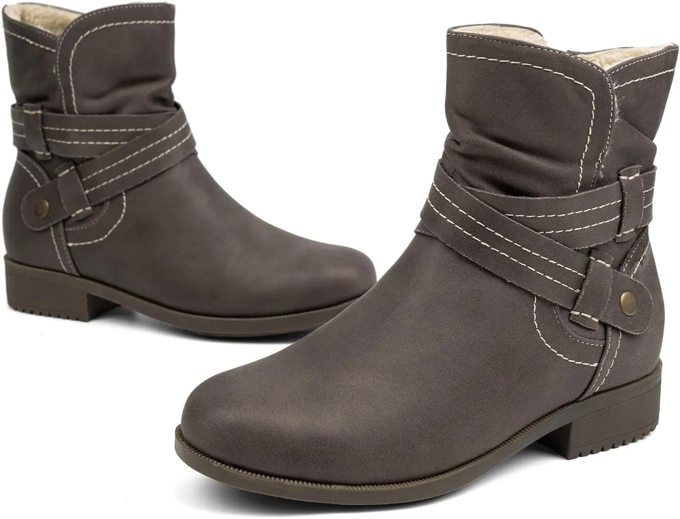 VJH confort Women's Mid Calf Boots, Fur Lined Round Toe Low heel Cross Straps Slouchy Booties with Zipper