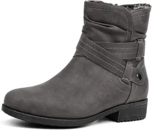 VJH confort Women's Mid Calf Boots, Fur Lined Round Toe Low heel Cross Straps Slouchy Booties with Zipper