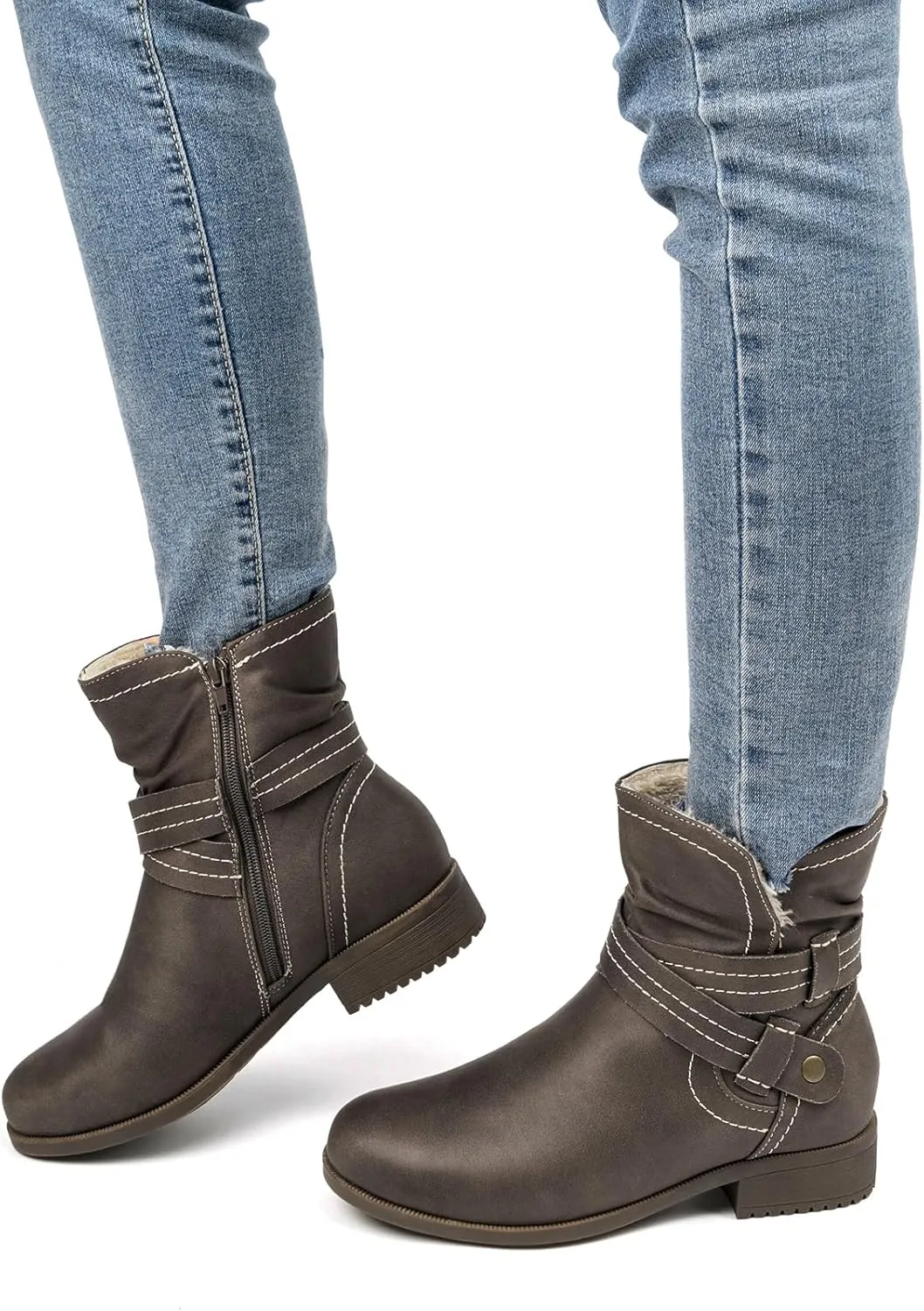VJH confort Women's Mid Calf Boots, Fur Lined Round Toe Low heel Cross Straps Slouchy Booties with Zipper