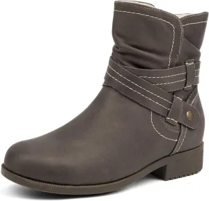 VJH confort Women's Mid Calf Boots, Fur Lined Round Toe Low heel Cross Straps Slouchy Booties with Zipper
