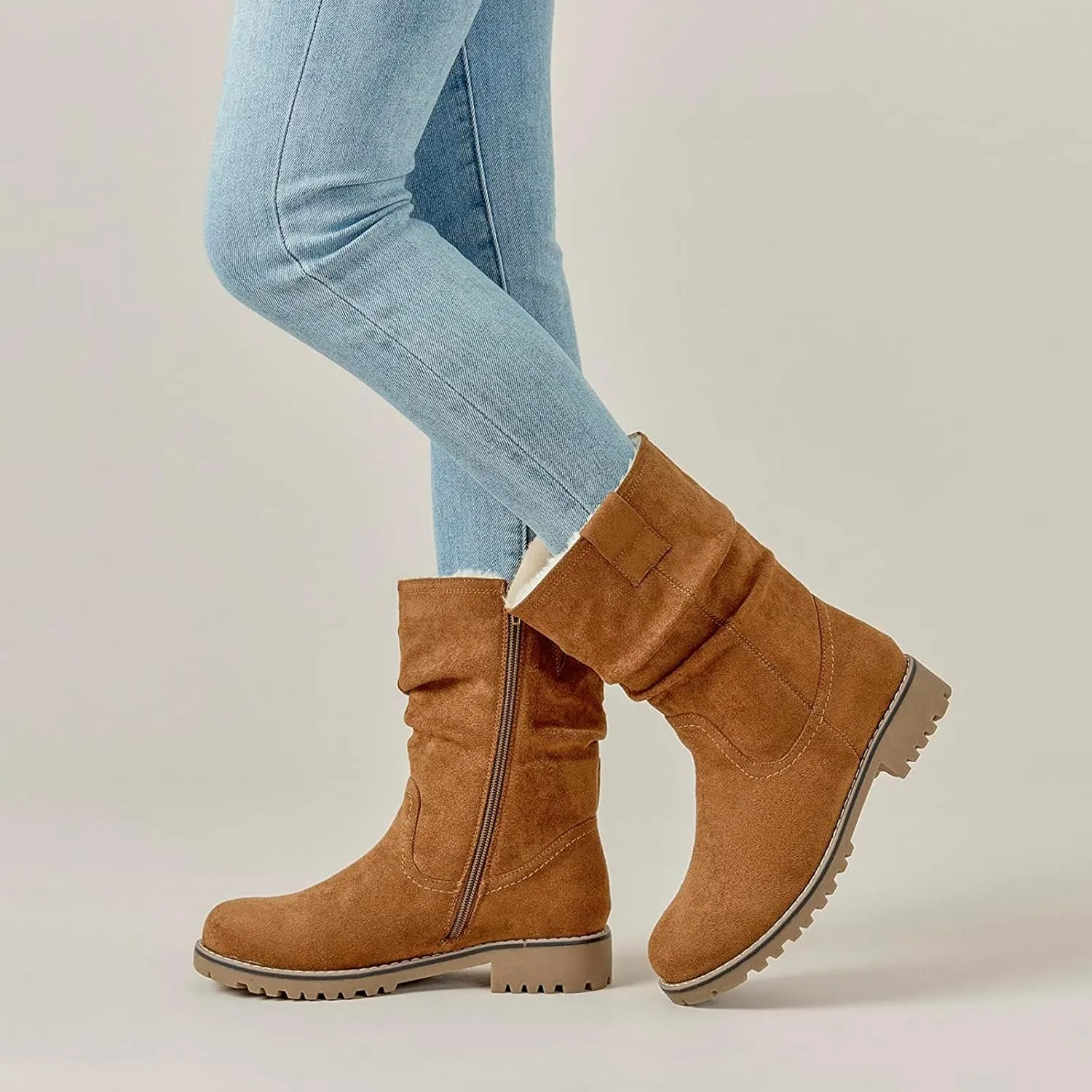 VJH confort Women's Mid Calf Boots Slouchy Riding Combat Low Heel Fur Lined Winter Zipper Booties