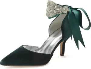 Wedding Bridal Pointed Toe Womens High Heel Shoes Ankle Buckle Pumps Rhinestones Heeled Bowknot Court Sandals Evening Party Dress,Dark Green,4
