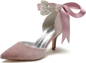 Wedding Bridal Pointed Toe Womens High Heel Shoes Ankle Buckle Pumps Rhinestones Heeled Bowknot Court Sandals Evening Party Dress,Pink,6