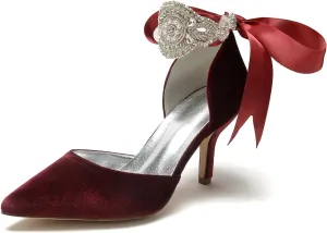 Wedding Bridal Pointed Toe Womens High Heel Shoes Ankle Buckle Pumps Rhinestones Heeled Bowknot Court Sandals Evening Party Dress,Wine red,5