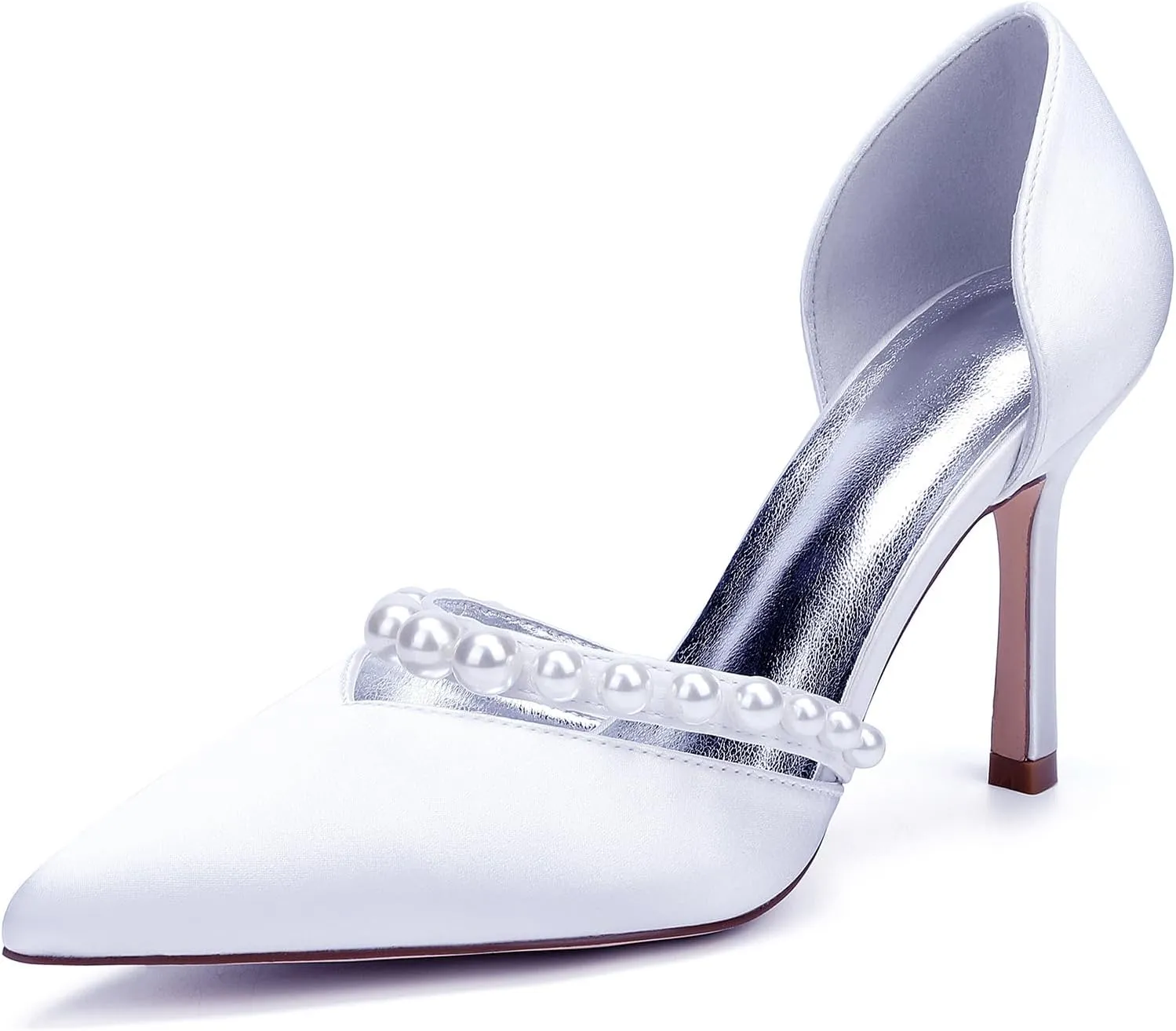 Wedding Bridal Shoes Satin Closed Toe Pointed Toe Sandals Pumps Womens Bride Shoes Stiletto High Heels Slip-On Evening Dress Rhinestones,White,11