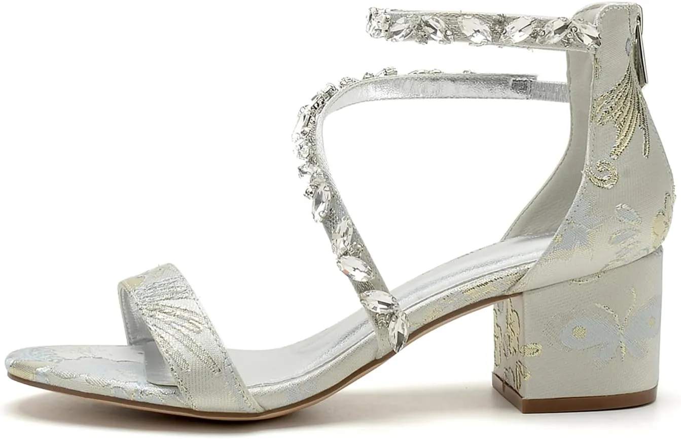 Wedding Shoes Open Toe Women's High Heels Block Bridal Shoes Bride Sandals Pumps Evening Party Comfortable Dress Heels Floral Fabric