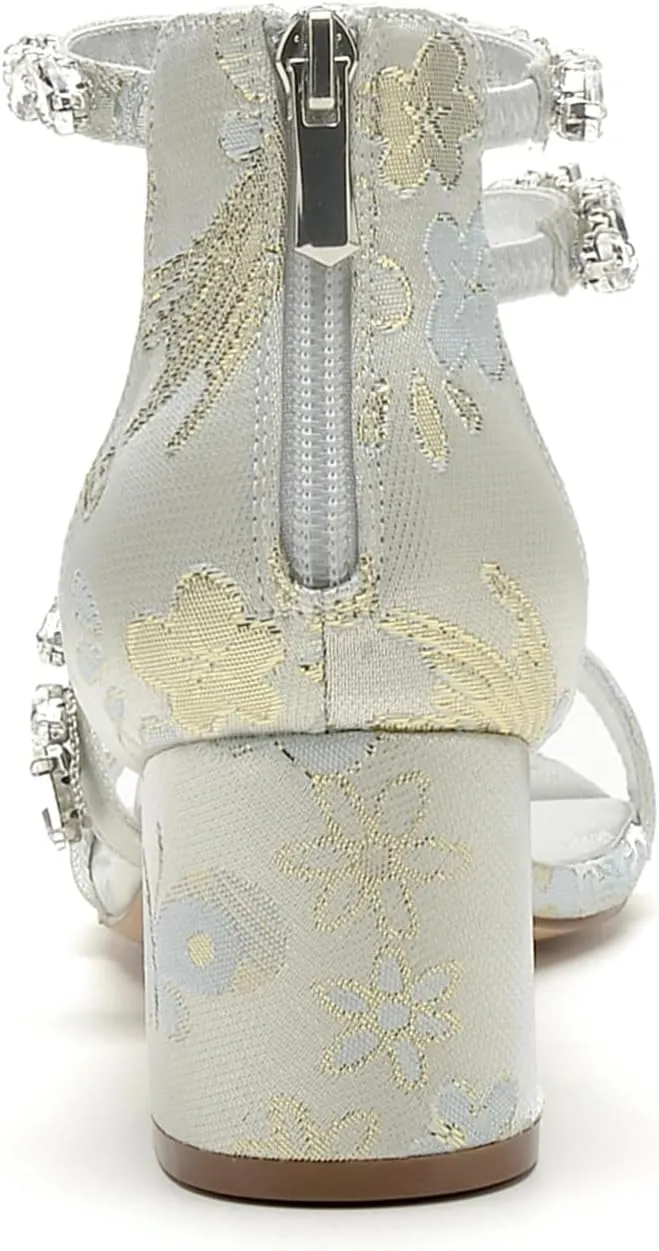 Wedding Shoes Open Toe Women's High Heels Block Bridal Shoes Bride Sandals Pumps Evening Party Comfortable Dress Heels Floral Fabric