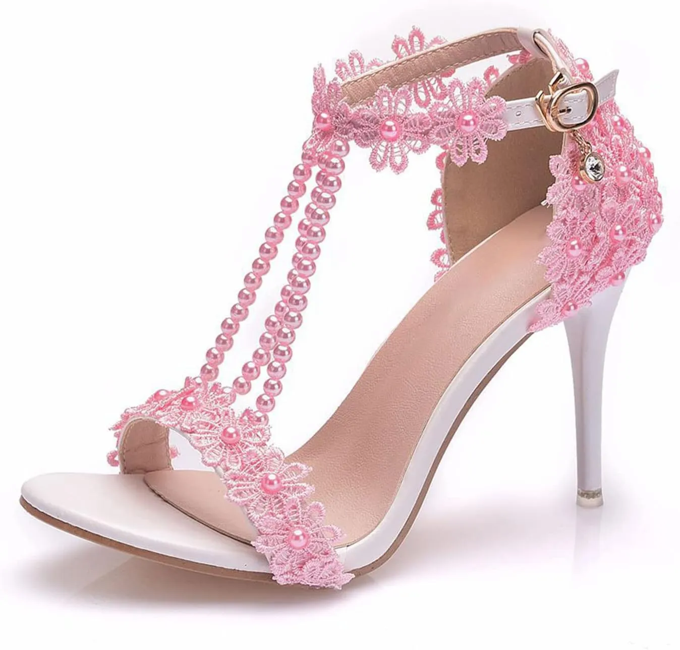Wedding Shoes Sandals 9Cm Ladies High Heels Bridesmaid Shoes Wedding One Word Buckle Straps Lace Beaded Stiletto Fish Mouth Roman Sandals