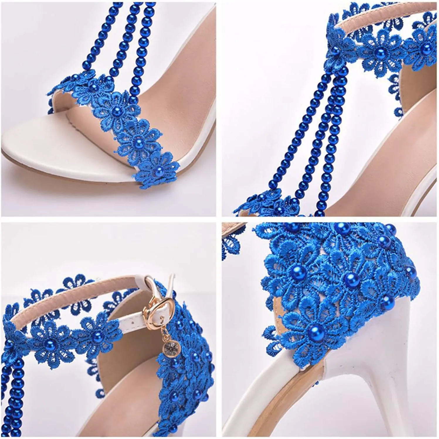 Wedding Shoes Sandals 9Cm Ladies High Heels Bridesmaid Shoes Wedding One Word Buckle Straps Lace Beaded Stiletto Fish Mouth Roman Sandals