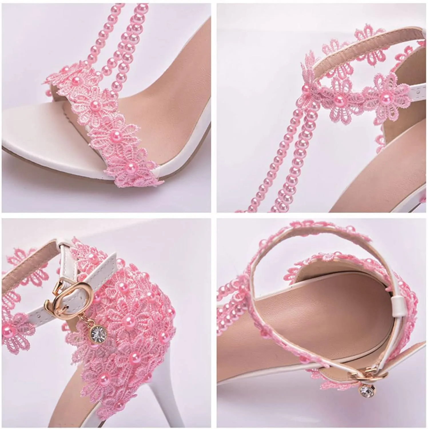 Wedding Shoes Sandals 9Cm Ladies High Heels Bridesmaid Shoes Wedding One Word Buckle Straps Lace Beaded Stiletto Fish Mouth Roman Sandals