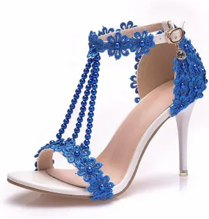Wedding Shoes Sandals 9Cm Ladies High Heels Bridesmaid Shoes Wedding One Word Buckle Straps Lace Beaded Stiletto Fish Mouth Roman Sandals