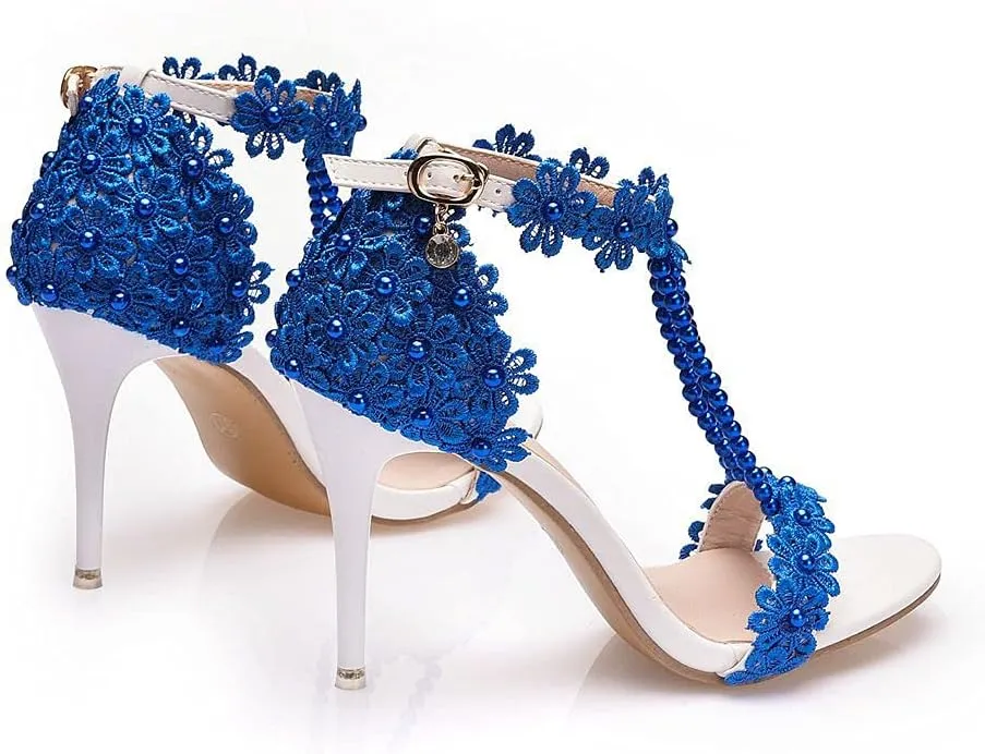 Wedding Shoes Sandals 9Cm Ladies High Heels Bridesmaid Shoes Wedding One Word Buckle Straps Lace Beaded Stiletto Fish Mouth Roman Sandals
