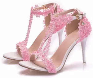 Wedding Shoes Sandals 9Cm Ladies High Heels Bridesmaid Shoes Wedding One Word Buckle Straps Lace Beaded Stiletto Fish Mouth Roman Sandals