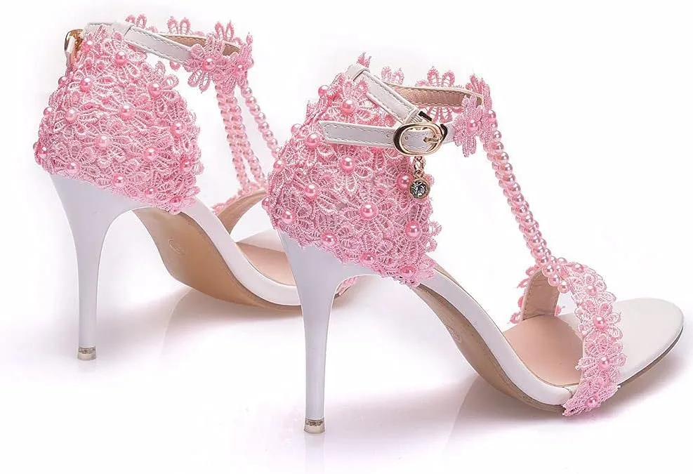 Wedding Shoes Sandals 9Cm Ladies High Heels Bridesmaid Shoes Wedding One Word Buckle Straps Lace Beaded Stiletto Fish Mouth Roman Sandals