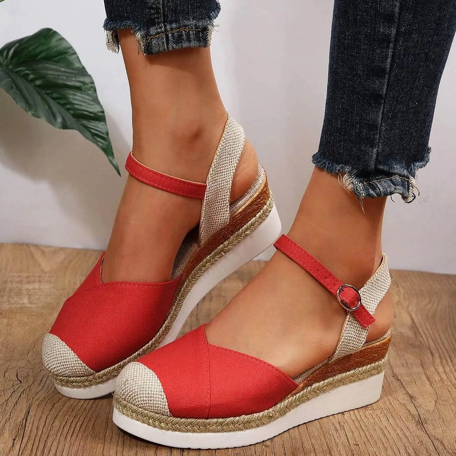 Wedge Sandals for Women Summer Dressy 2025 Summer Casual Fashion Arch Support Closed Toe Slingback Espadrilles Adjustable Ankle Strap Sandals Beach Walking Party Color Block Casual Wedge Heels Sandal