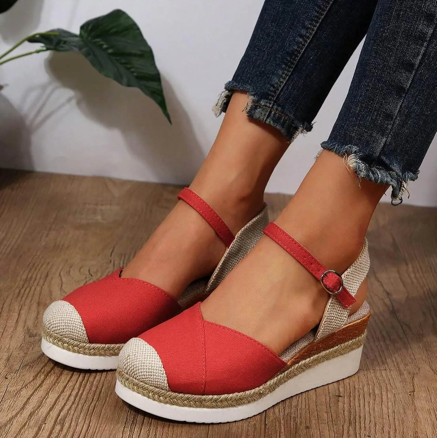 Wedge Sandals for Women Summer Dressy 2025 Summer Casual Fashion Arch Support Closed Toe Slingback Espadrilles Adjustable Ankle Strap Sandals Beach Walking Party Color Block Casual Wedge Heels Sandal
