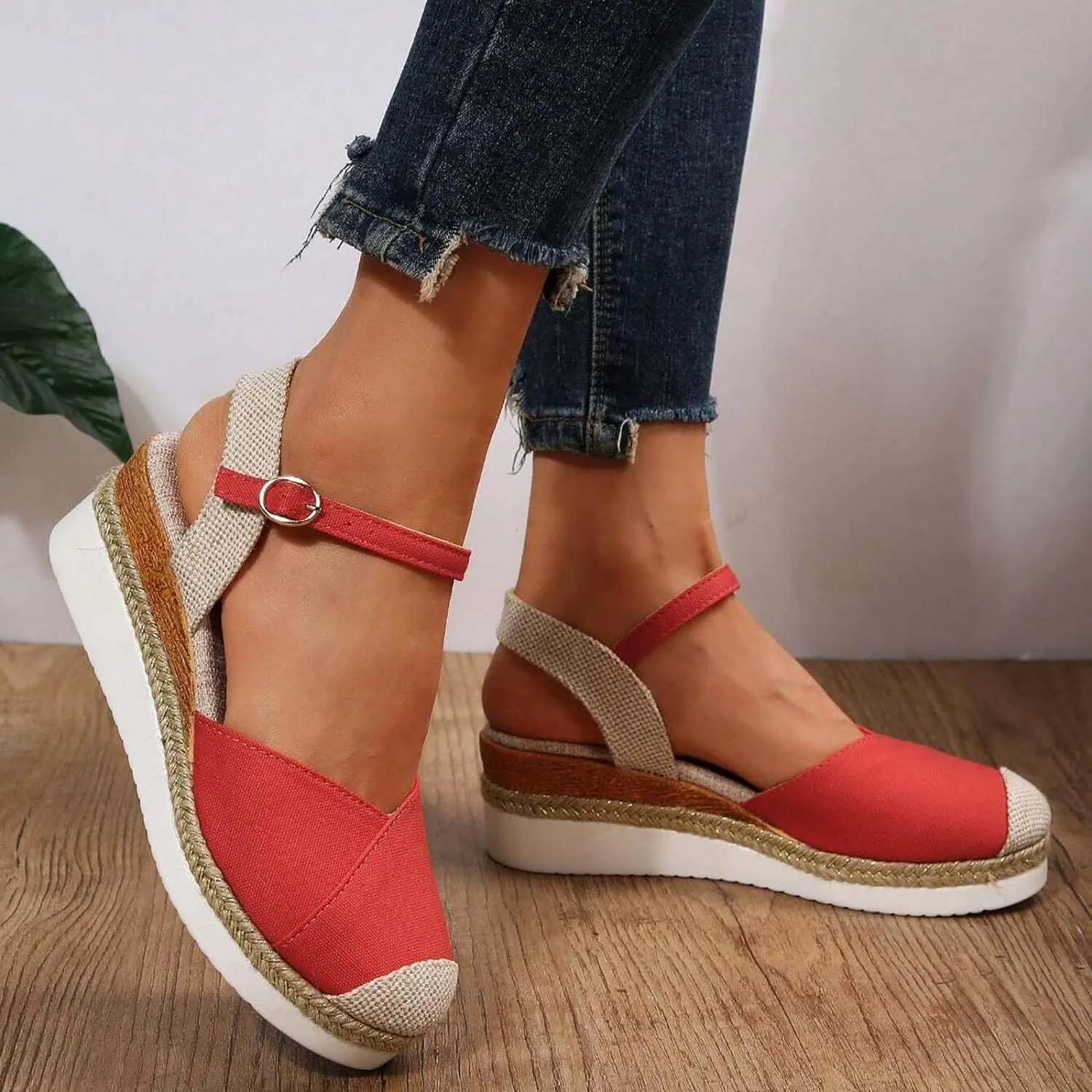 Wedge Sandals for Women Summer Dressy 2025 Summer Casual Fashion Arch Support Closed Toe Slingback Espadrilles Adjustable Ankle Strap Sandals Beach Walking Party Color Block Casual Wedge Heels Sandal