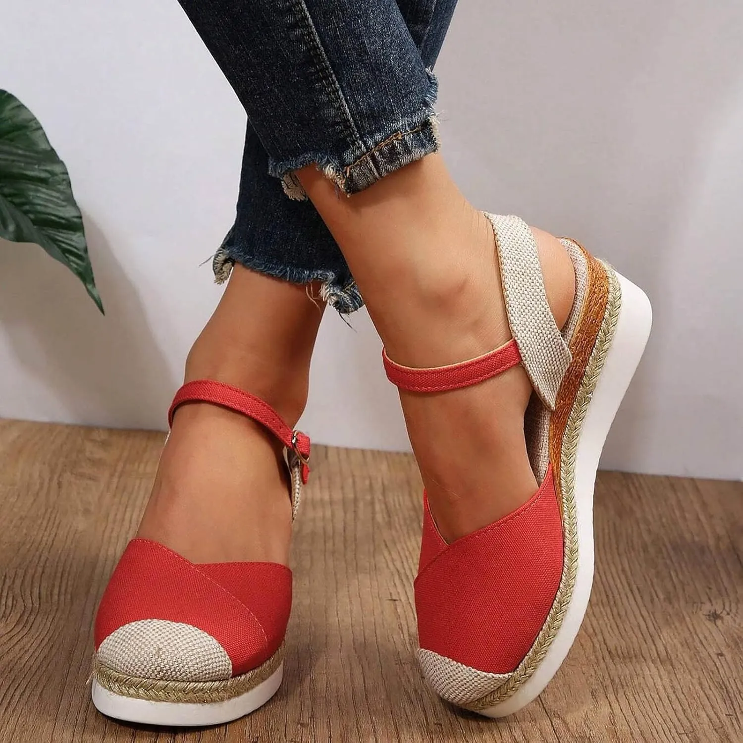 Wedge Sandals for Women Summer Dressy 2025 Summer Casual Fashion Arch Support Closed Toe Slingback Espadrilles Adjustable Ankle Strap Sandals Beach Walking Party Color Block Casual Wedge Heels Sandal