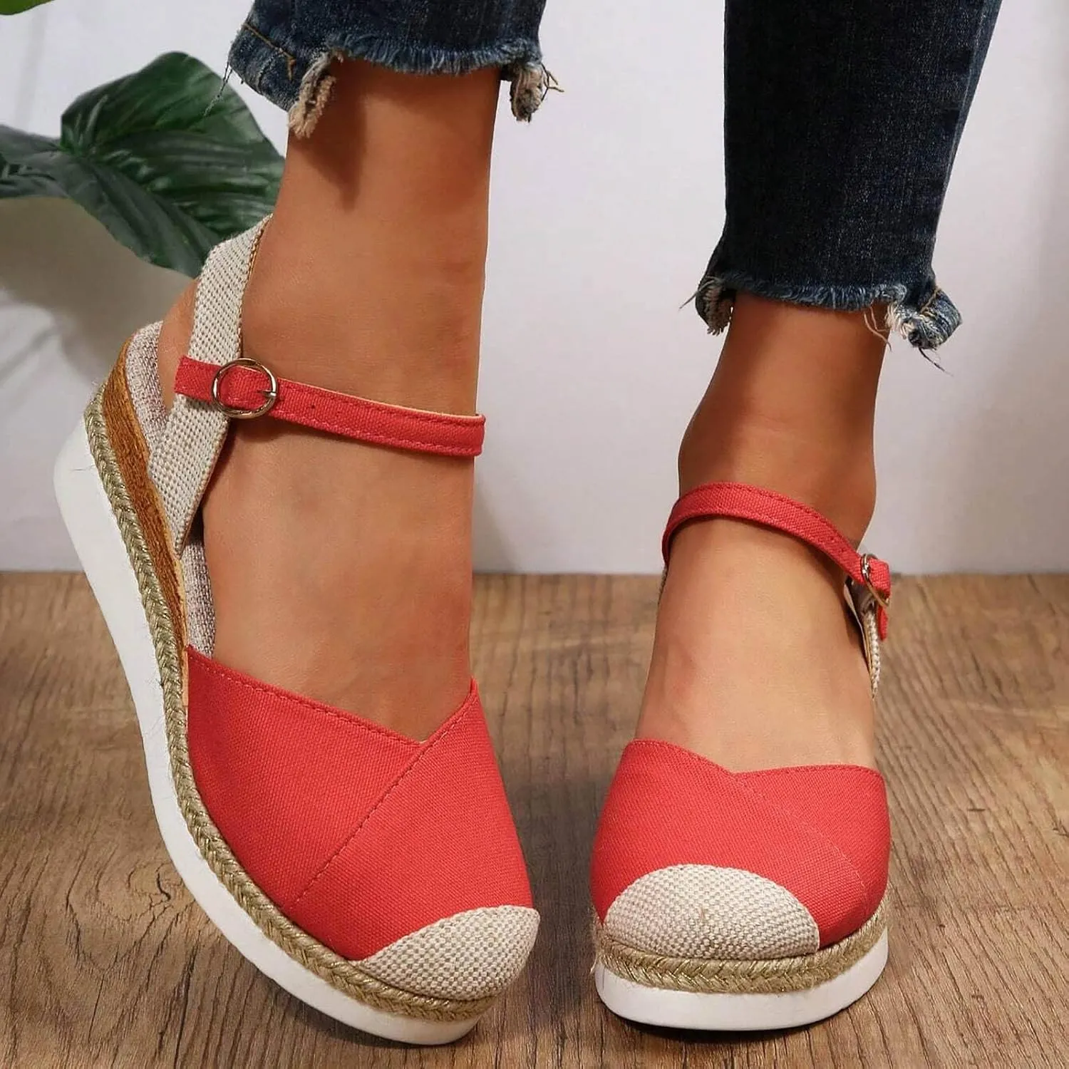 Wedge Sandals for Women Summer Dressy 2025 Summer Casual Fashion Arch Support Closed Toe Slingback Espadrilles Adjustable Ankle Strap Sandals Beach Walking Party Color Block Casual Wedge Heels Sandal