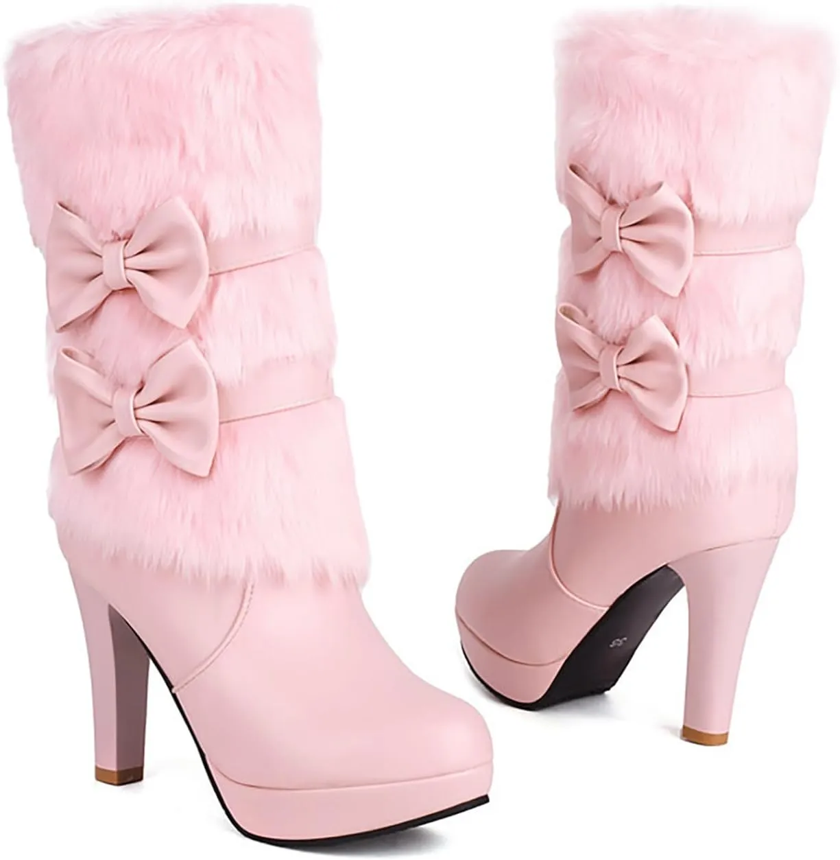 WENOREG Women's Bowknot Furry High Heel Mid Calf Boots,Fashion Side Zipper Winter Sweet Warm Faux Fur Lined Outdoor Round Toe Chunky High Heel Snow Boots
