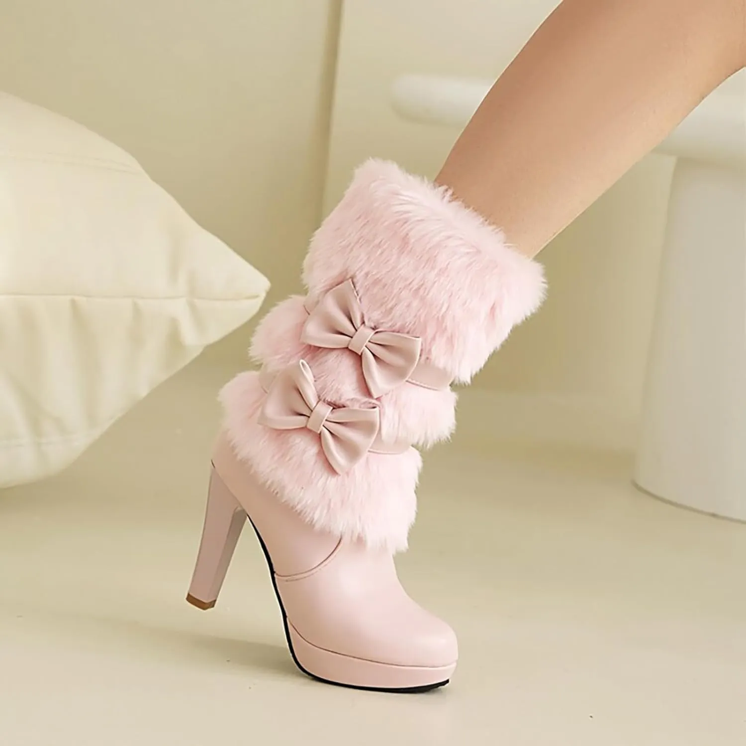 WENOREG Women's Bowknot Furry High Heel Mid Calf Boots,Fashion Side Zipper Winter Sweet Warm Faux Fur Lined Outdoor Round Toe Chunky High Heel Snow Boots