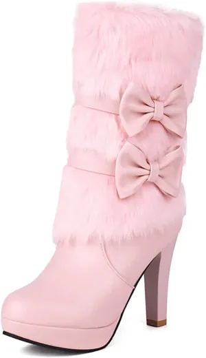 WENOREG Women's Bowknot Furry High Heel Mid Calf Boots,Fashion Side Zipper Winter Sweet Warm Faux Fur Lined Outdoor Round Toe Chunky High Heel Snow Boots