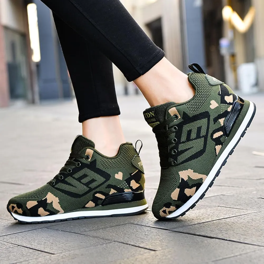 WILTENA Womens Mesh Breathable Camouflage Sneakers Ladys Invisible High-Heeled Wedge Platform Shoes