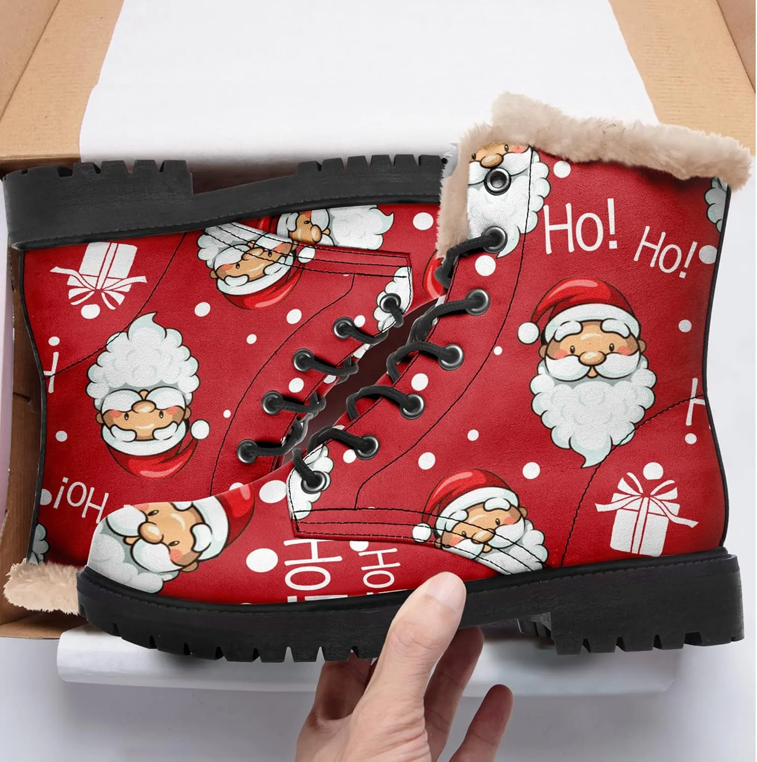 Winter Boots for Women, Custom Christmas Boots Santa Claus Print Ladies Fur Lined Lace up Ankle Boots Comfortable Warm Winter Snow Shoes Outdoor Christmas Gift