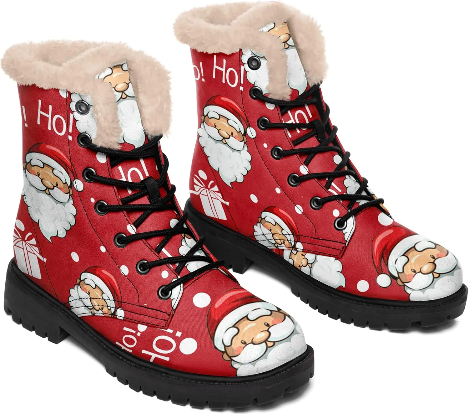 Winter Boots for Women, Custom Christmas Boots Santa Claus Print Ladies Fur Lined Lace up Ankle Boots Comfortable Warm Winter Snow Shoes Outdoor Christmas Gift