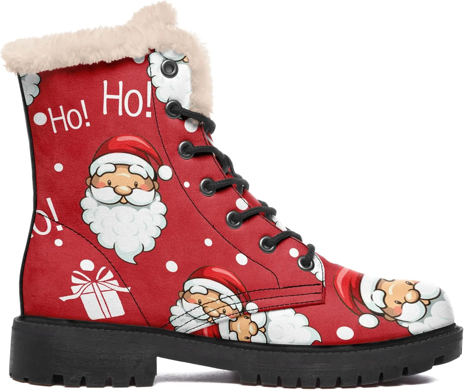 Winter Boots for Women, Custom Christmas Boots Santa Claus Print Ladies Fur Lined Lace up Ankle Boots Comfortable Warm Winter Snow Shoes Outdoor Christmas Gift